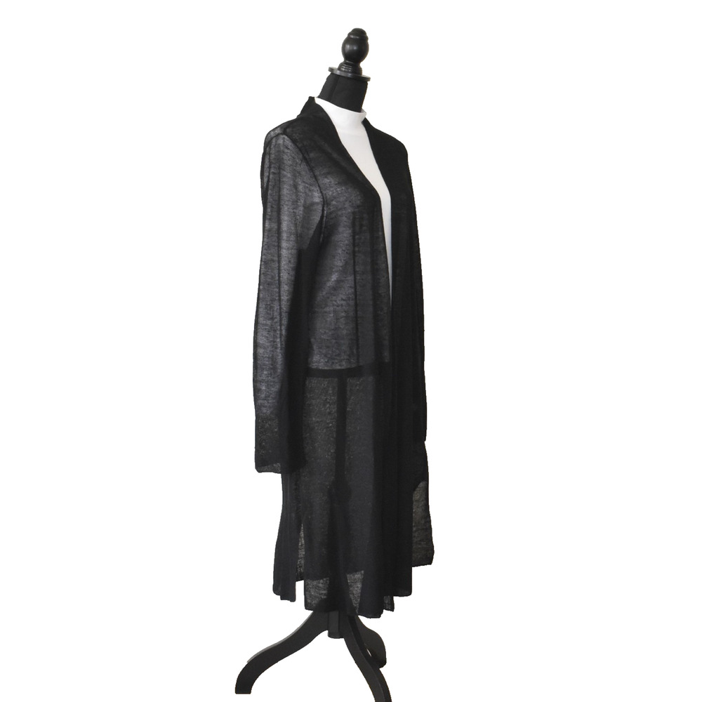 A6 Auth EILEEN FISHER Black Organic Linen/Nylon Knit Long Cardigan Sweater Sz L - Picture 2 of 5